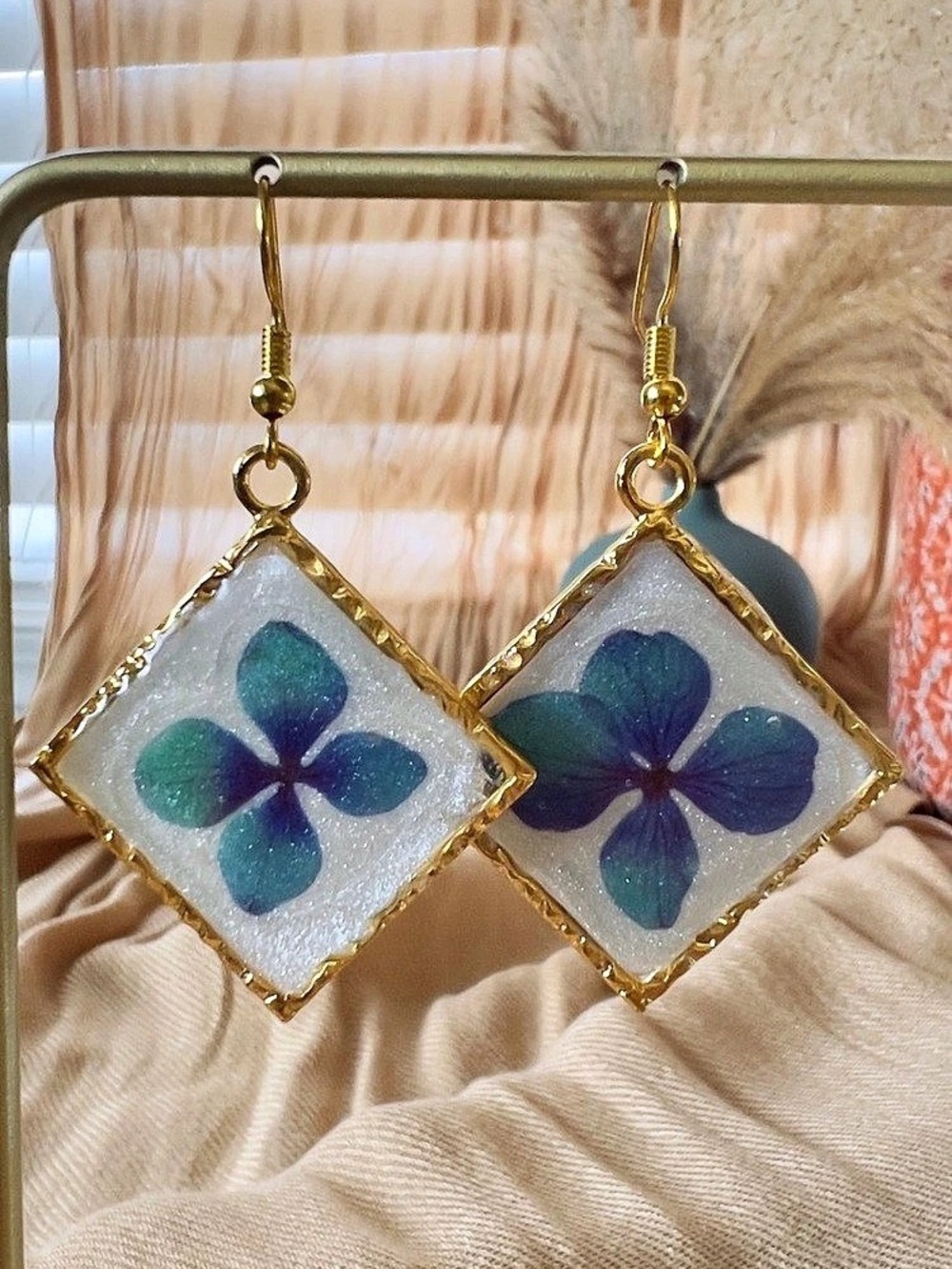 Blue & Gold Floral Dangle Earrings